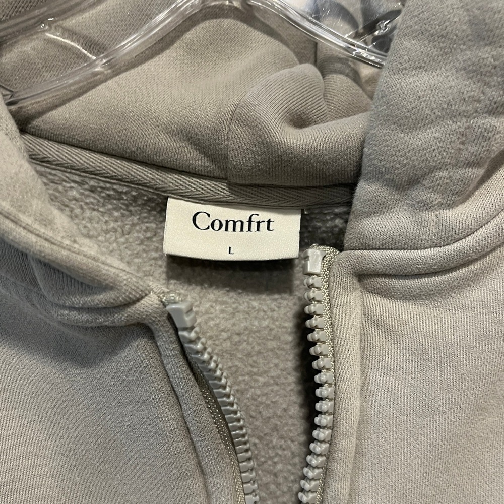 Comfrt Full Zip Hoodie Unisex Large Taupe Beige Utility Sleeve Pockets Fleece - Picture 4 of 9